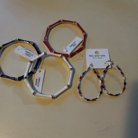 3 enamel bracelets & coordinating earrings in red, white, & blue - Picture 1 of 4